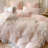 LANFUBEISI Korean Princess Bedding Set Lace Bow  Beauty Solid Color Lace Ruffle Quilt Cover Luxury Girls Wedding Home Textiles Duver Cover LANFUBEISI