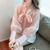 Korean Style Shirt Female Big Bow Tie Blouse Retro Lantern Long-Sleeved Elegant Blouses Women 2022 Spring New Pink Organza Tops LANFUBEISI