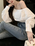 Korean Fashion White Shirts Women Spring Long Sleeve Slash Neck Casual Blouses Elegant Off Shoulder Ruffles Ladies Tops Blusas LANFUBEISI