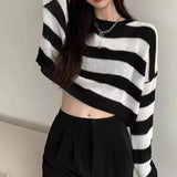 LANFUBEISI New Korean Style Striped Cropped Sweater Women Vintage Oversize Knit Jumper Female Autumn Long Sleeve O-neck Pullovers Tops