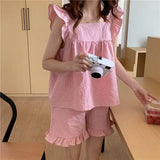 Plaid Sleepwear Women Pajamas Shorts Set Fly Sleeve Korean Kawaii Pijama Ruffles Summer Home Clothes Suit Sleeping Night Wear LANFUBEISI