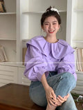 Peter Pan Collar Shirts Women Elegant Preppy Korean Fashion Clothes Ruffled Collar All-match Lanterns Sleeve Blouse LANFUBEISI