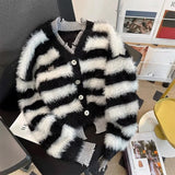 LANFUBEISI WINTER OUTFITS Sweater Cardigans Imitate Mink Wool Striped Woman Top Autumn Winter Knitted Korean Oversize Long Sleeve Elegance Sweet OL Casual