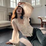 Elegant Women Lace Ruffles Chiffon Blouses Cross Tie-Up Front Lantern Sleeve Shirts Fashion Spring Casual Crop Tops Y2K Clothes LANFUBEISI