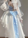 French Romantic Style Lolita Op Elegant Girl Cosplay Princess Puff Sleeve Ribbon Bowknot Flower Tunic Mesh Fantastic Fairy Dress LANFUBEISI