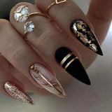 Cool Black and Gold False Nails Long Almond French Fake Nials Detachable Nail Tips Full Cover Press On Nails Diy Manicure Tool LANFUBEISI