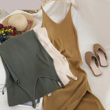 V Neck Solid Knitted Dresses Casual All Match Simple Fashion Korean Women Dress Elegant Vestidos New Clothes LANFUBEISI