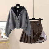 Plush Thickened Casual Long Sleeved Hooded Mini Pleated Skirt Two-piece Set Fashionable Women's Skirt Set LANFUBEISI