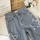 Denim Popular Ins Fashion Korean WIth Star 2023 Spring Autumn New High Waist Straight Leg Loose Fitting Jeans LANFUBEISI