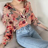 Women's Chiffon Shirt Floral Print V-Neck Long Sleeve Fashion Cozy Loose Blouse LANFUBEISI