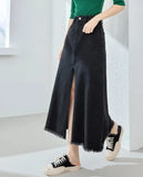 Vimly Denim Skirt for Women High Waist Split Long Jeans Skirt 2024 Spring Elegant Fashion 72295 LANFUBEISI