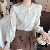 2024 New Fashion Long Sleeve Lace Blouse Women Apricot Lantern Sleeve Casual Women's Blouse Solid Sweet Ladies Shirt Blusas1222 LANFUBEISI