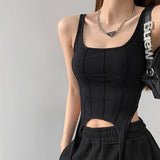 Fishbone Thread Safari Style Vest Irregular Hook Bottomed Shirt for Women Square Neck Sexy Sleeveless Sort Tops LANFUBEISI