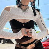 Dourbesty Punk Gothic T-Shirts Crop Top Women Hollow Out Cut-out Shoulder Long Sleeve T-shirt 2000s Aesthetic Streetwear y2k LANFUBEISI