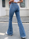 Benuynffy Button Fly Women's Raw Hem Flare Jeans Autumn Fashion Woman Denim Pants Jean Femme High Waist Full Length Slim Jeans LANFUBEISI