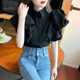 Black Lantern Short Sleeve Blouse Camisas Wild Casual Blusas Mujer De Moda 2024 New White Shirts for Women Clothes Crop Tops LANFUBEISI