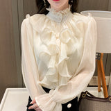 Vintage Ruffles Clothes Elegant Lace Blouse Women Spring Stand Collar White Chiffon Shirt 2023 Long Puff Sleeve Loose Tops 12946 LANFUBEISI