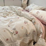 LANFUBEISI Romantic 100%Cotton Twin Bedding Elegant Pink Purple Floral Duvet Cover Set White Lace Ruffle 1.2/1.5/1.8m Bedskirt Pillowcases LANFUBEISI