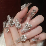 24Pcs Pink Glossy Medium Almond Fake Nails Press on Glitter Shining Heart with Rhinestone Pearl Deisgn False Nails Tips Stick LANFUBEISI