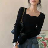 Knitted Pullovers Women Vintage Solid Sweaters Autumn Winter Korean Elegant Slim Knitwear Square Collar All Match Jumpers New LANFUBEISI