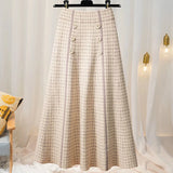 LANFUBEISI Plaid Button Knitted Skirt High Waist Women Autumn and Winter Fashion New Mid-length Large Swing A-line Skirt Midi Elegance