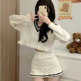 LANFUBEISI Korean Fashion Y2k Two Piece Skirt Set Women Sweet Stripe Knitted Sweater Crop Tops Slim Bodycon Mini Skirts Kawaii Lolita Suits