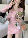 Two Piece Dress Set Sweet Cardigan Sweater + Slim Skirt Pink Elegant Y2k Mini Dress 2022 Autumn Office Lady Casual Knitted Suits LANFUBEISI