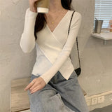 Autumn Winter Knitwear Tops Fashion Female Long Sleeve Skinny Elastic Casual V-neck Knitted Shirts Women Pullover Sweaters LANFUBEISI