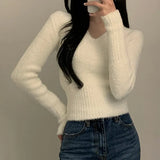 White Sweater Women 2023 Autumn Winter Soft Warm Clothes Long Sleeve Pullover Sweaters V Neck Slim Knitted Crop Tops Pull Femme LANFUBEISI