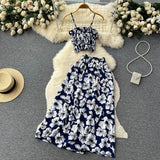 YuooMuoo Women Dress Set 2023 New Summer Vacation Fashion Floral Print Straps Crop Tops + Long Skirts Outfits Beach 2Pcs Suits LANFUBEISI