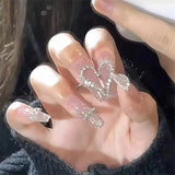 24Ps/Set Medium Long French Fake Nails Bow Japan Nude Pink with Pearls Artificial Acrylic Press on Nails Removable Stick on Nail LANFUBEISI