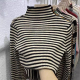 New Black Striped Sweater Women Knitted Pullover Autumn Long Sleeve Turtleneck Knitwear Korean Bottoming Shirt Stretch Jumpers LANFUBEISI