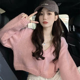 Y2k Women Cardigan Sweater Knitted Cropped Korean Short Long sleeve Crop Top V neck Fashion Clothe LANFUBEISI