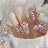 24Pcs Pink Glossy Medium Almond Fake Nails Press on Glitter Shining Heart with Rhinestone Pearl Deisgn False Nails Tips Stick LANFUBEISI