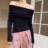 Black Solid Off Shoulder Elegant Long Sleeve Tops Korean Fashion Slim Sexy Cropped T Shirt Women Autumn Y2k Clothing Skinny Top LANFUBEISI