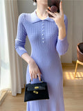 New 2024 Autumn Winter Sweater Dress Women Purple White Or Black Buttons High Waist A Line Elegant Knitted Dresses Female LANFUBEISI