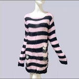 New Punk Gothic Long Unisex Sweater Summer Women Striped Cool Hollow Out Hole Broken Jumper Loose Rock Thin Dark Streetwear Top LANFUBEISI