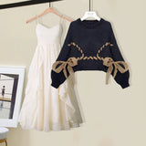 Winter New Style Personalized Knitted Sweater Pullover Lace Strap Two Piece Elegant Women's Dress Set Party Dresses LANFUBEISI