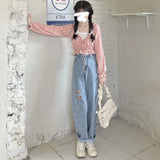 Biyaby Heart Ripped Jeans Women Korean Style High Waist Light Blue Straight Pants Woman 2024 Trendy Student Wide Leg Denim Pants LANFUBEISI