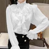 Vintage Ruffles Clothes Elegant Lace Blouse Women Spring Stand Collar White Chiffon Shirt 2023 Long Puff Sleeve Loose Tops 12946 LANFUBEISI