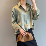 Women Silk Shirt New Vintage Fashion Solid Button Up Long Sleeves Blouse Tops Female Summer Casual Loose Office Lady Shirts LANFUBEISI