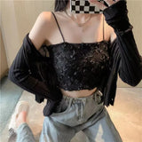 Women Sleeveless Lace Camisole Floral Spaghetti Strap Tank Top Female Summer Pink Vest With Chest Pad Crop Top 2000s Clothes Y2k LANFUBEISI