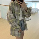 Plaid Shirt Women Autumn Long Sleeve Top Female Vintage Fashion Single Breasted Blouse Ladies Preppy Style Loose Check Shirts LANFUBEISI