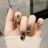 24Ps/Set Medium Long French Fake Nails Bow Japan Nude Pink with Pearls Artificial Acrylic Press on Nails Removable Stick on Nail LANFUBEISI