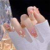 24Ps/Set Medium Long French Fake Nails Bow Japan Nude Pink with Pearls Artificial Acrylic Press on Nails Removable Stick on Nail LANFUBEISI