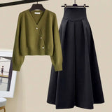 Spring Autumn Suit Women's New French Sweater Midi Skirts Outfits Knit Cardigan Knitwear High Waist Slim Skirts Two Piece Set LANFUBEISI