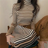 LANFUBEISI New Black Striped Sweater Women Knitted Pullover Autumn Long Sleeve Turtleneck Knitwear Korean Bottoming Shirt Stretch Jumpers