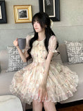 Japanese Kawaii Retro Mini Dress Women Casual 2000s Vintage Y2k Lolita Even Party Floral Dress Female Chic Summer Short Sleeve LANFUBEISI