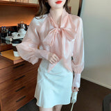 Korean Style Shirt Female Big Bow Tie Blouse Retro Lantern Long-Sleeved Elegant Blouses Women 2022 Spring New Pink Organza Tops LANFUBEISI