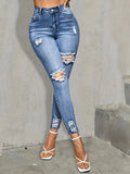 LANFUBEISI Blue Ripped Holes Skinny Jeans, Slim Fit High Stretch Distressed Tight Jeans, Women's Denim Jeans & Clothing